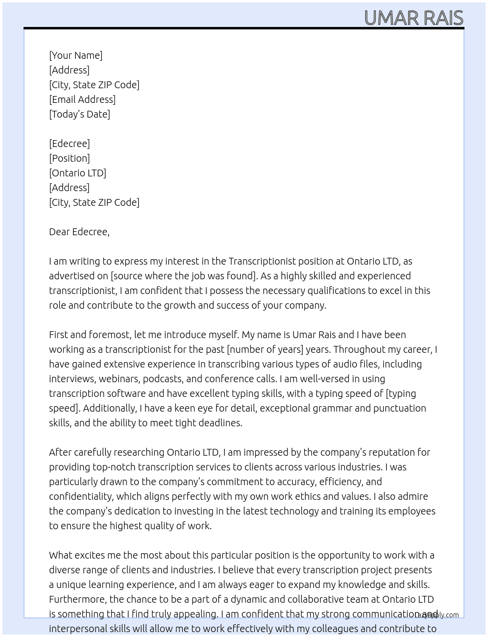 Transcriptionist At Ontario LTD Cover Letter
