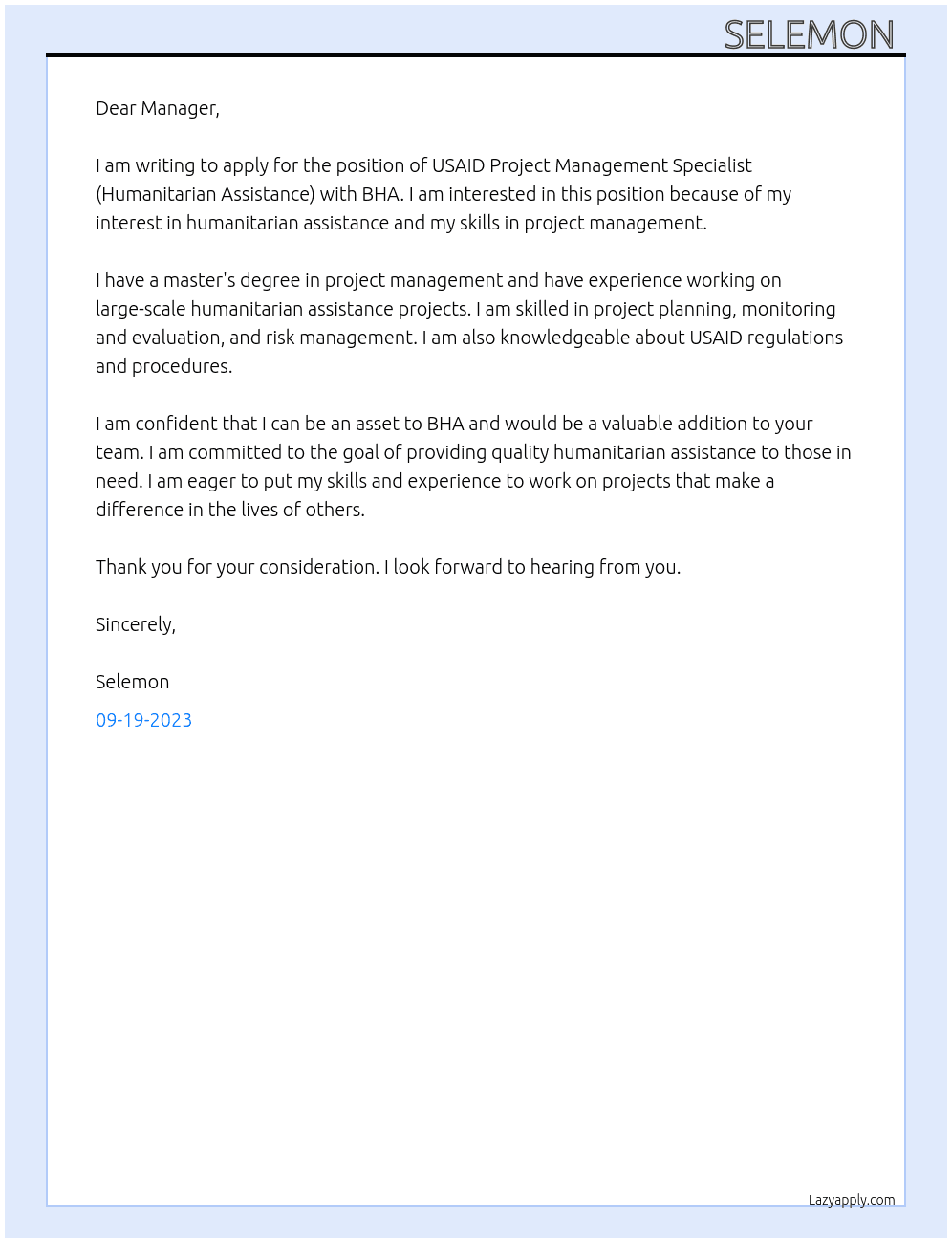USAID Project Management Specialist (Humanitarian Assistance) At BHA Cover Letter