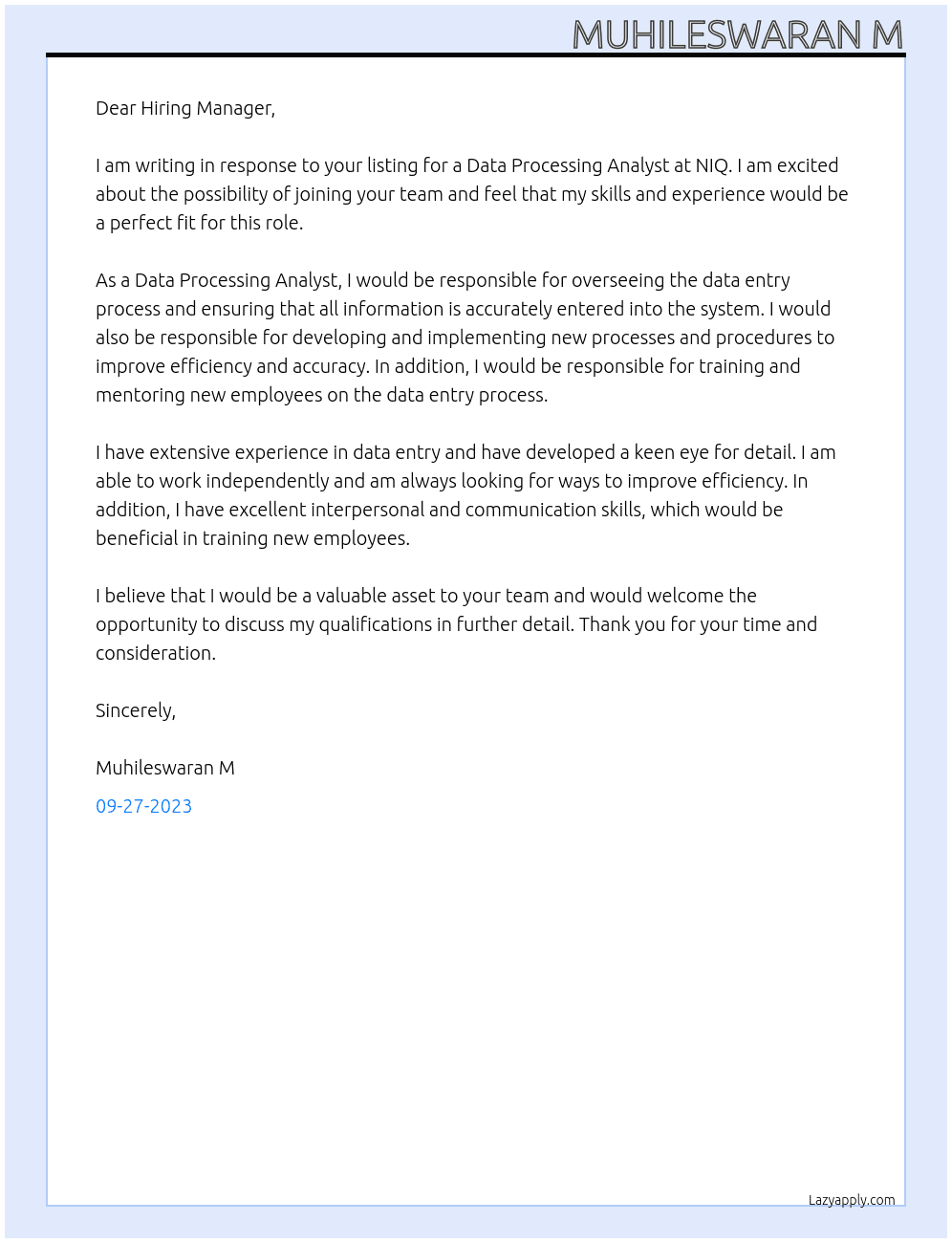 Data processing analyst At NIQ Cover Letter
