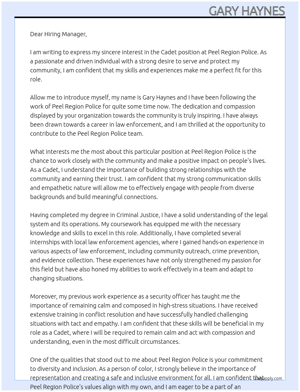 cadet At Peel Region Police Cover Letter
