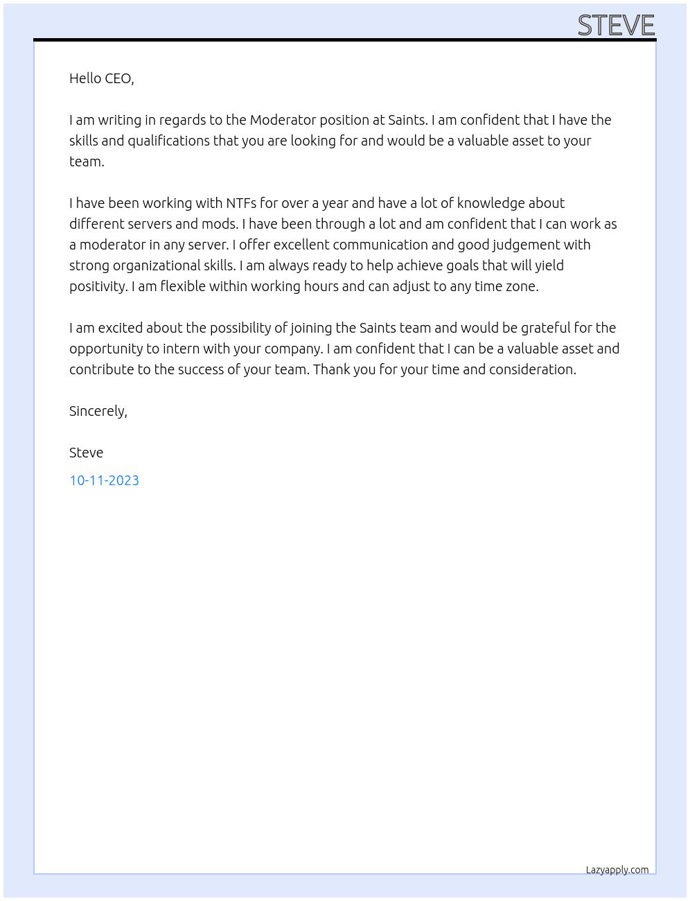 Moderator  At Saints Cover Letter