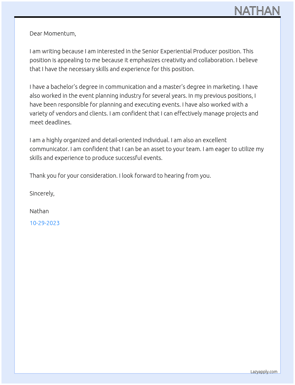 Senior Experiential Producer At Momentum Cover Letter