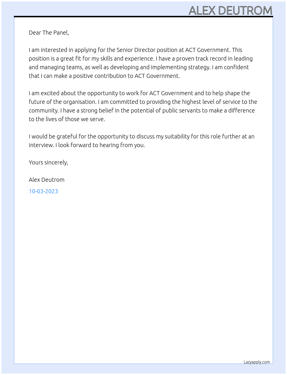 Senior Director At ACT Government Cover Letter
