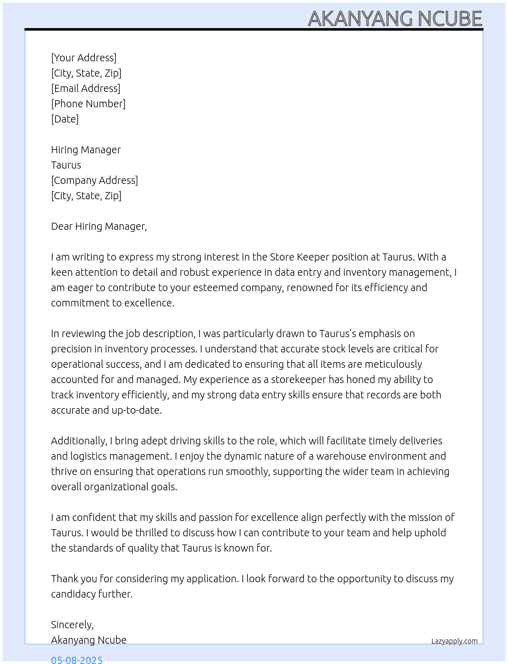 Store keeper At Taurus Cover Letter