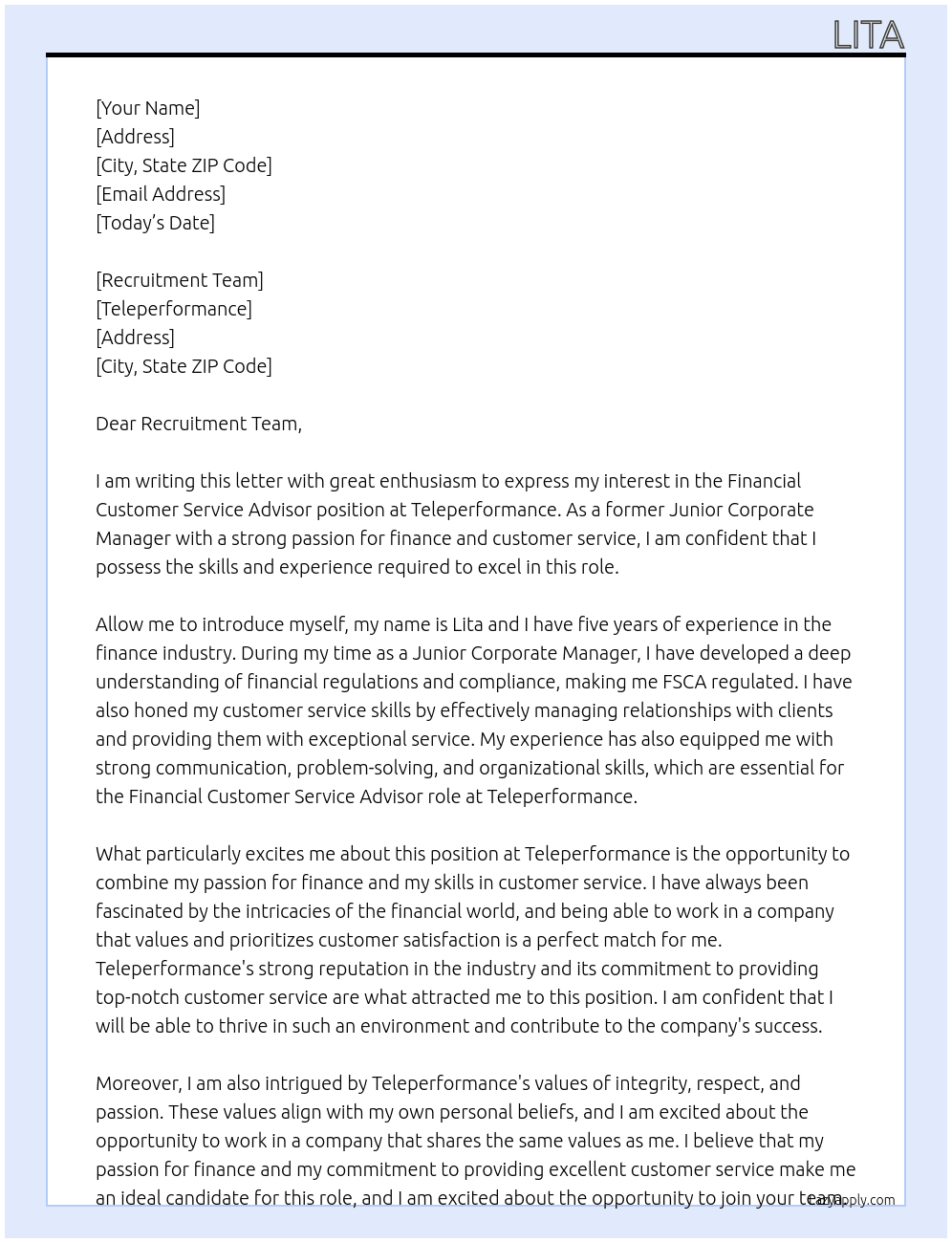Cover letter for financial customer service advisor - LazyApply