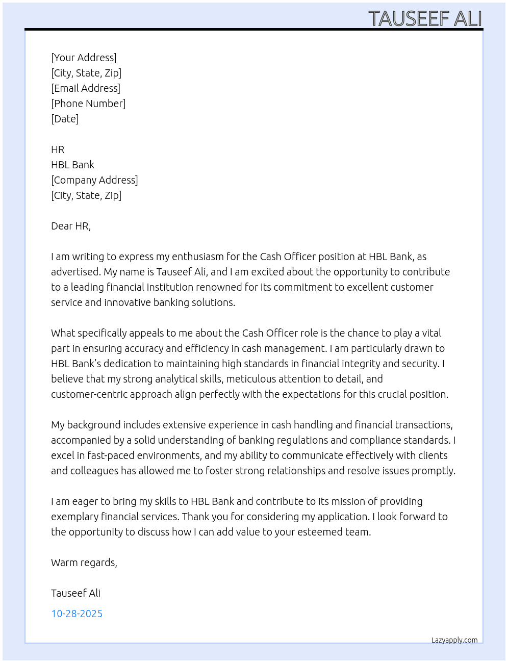 Cash officer At HBL Bank Cover Letter