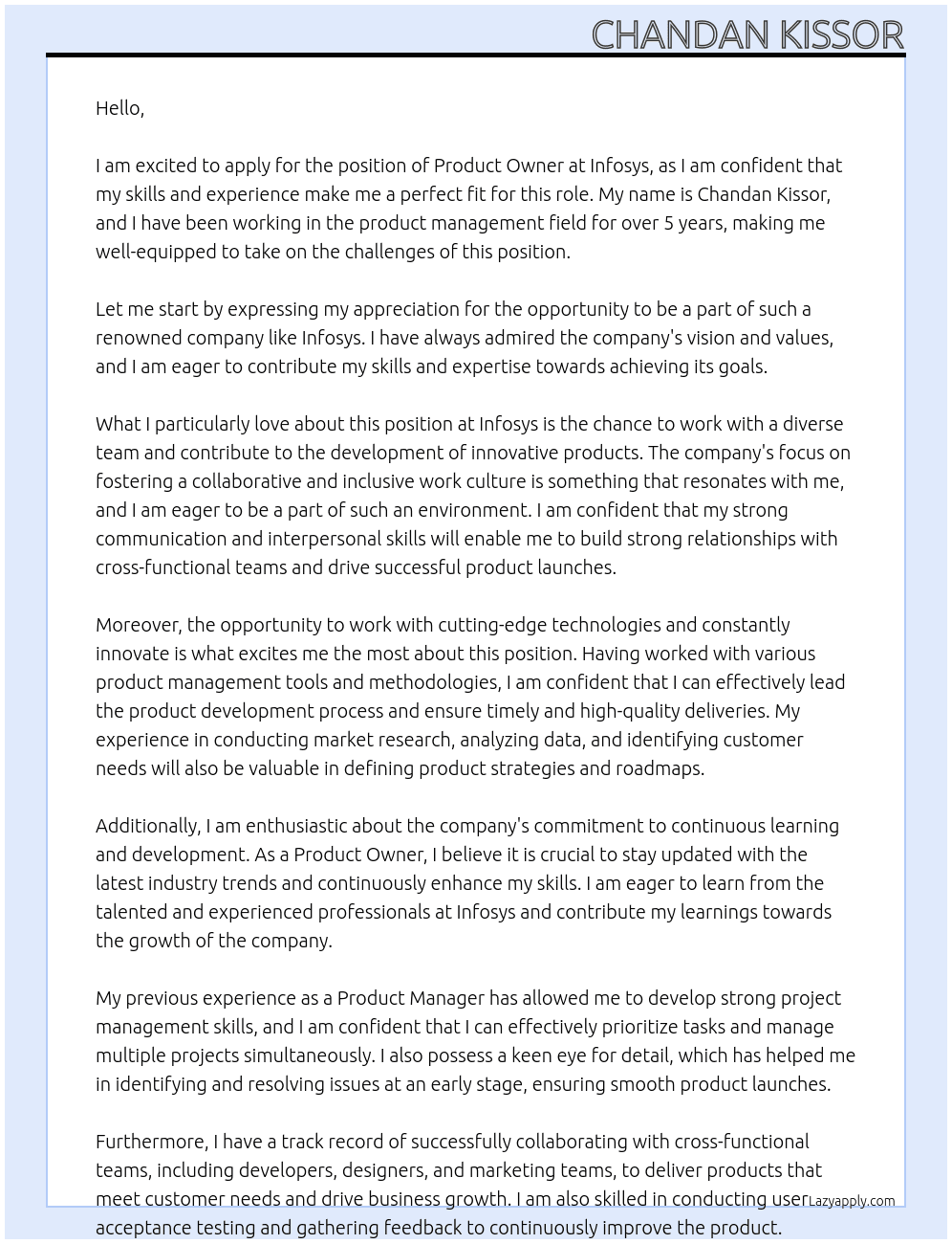 Product Owner At Infosys Cover Letter