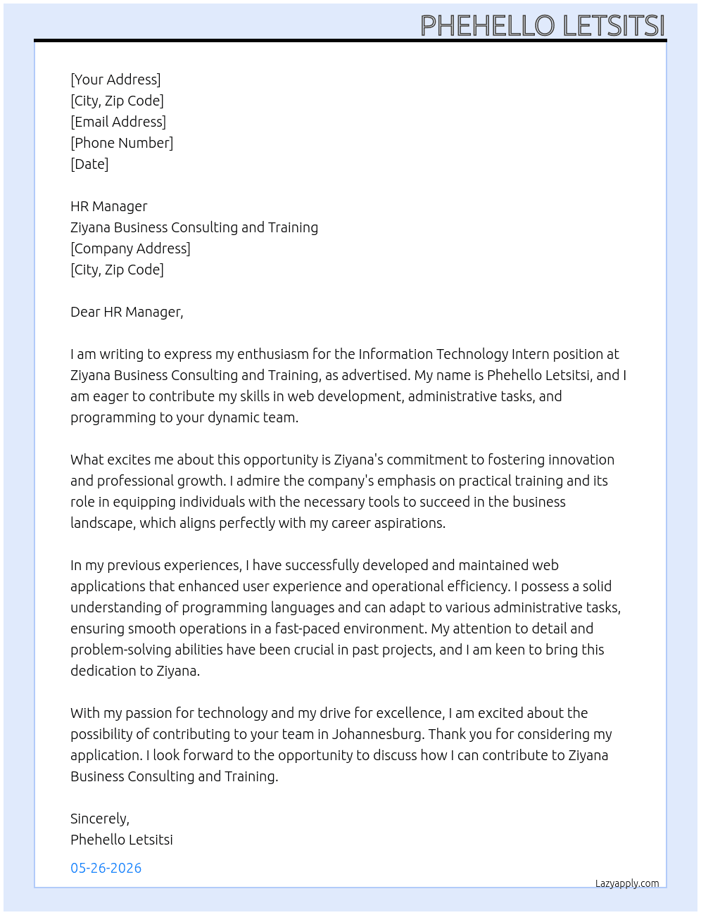Cover letter for information technology intern - LazyApply