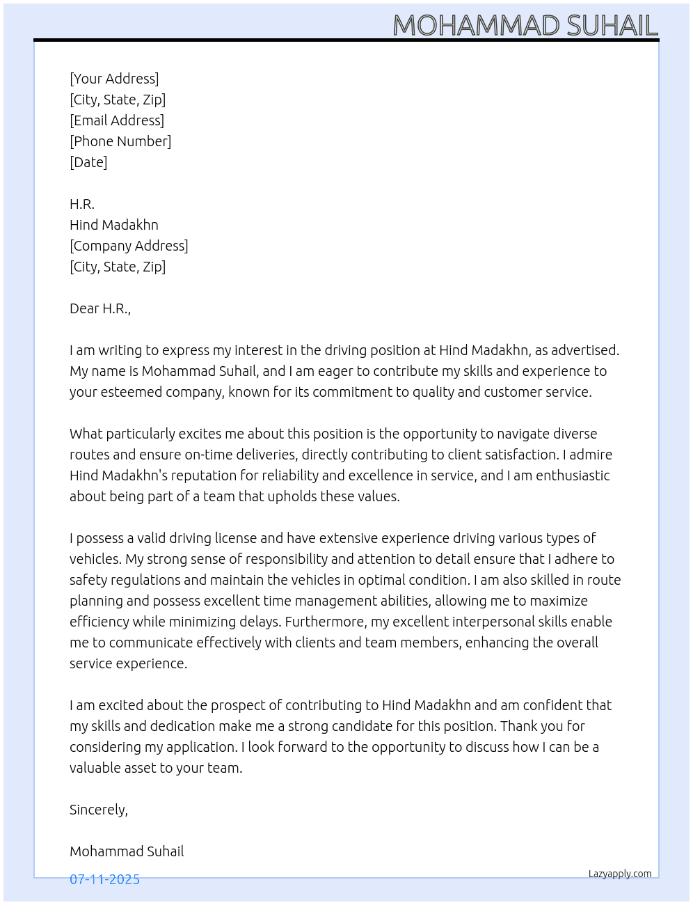 Driving  At Hind madakhn Cover Letter