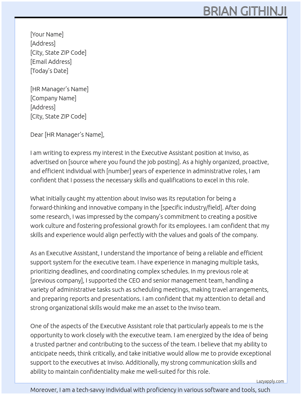 Executive Assistant At Inviso Cover Letter