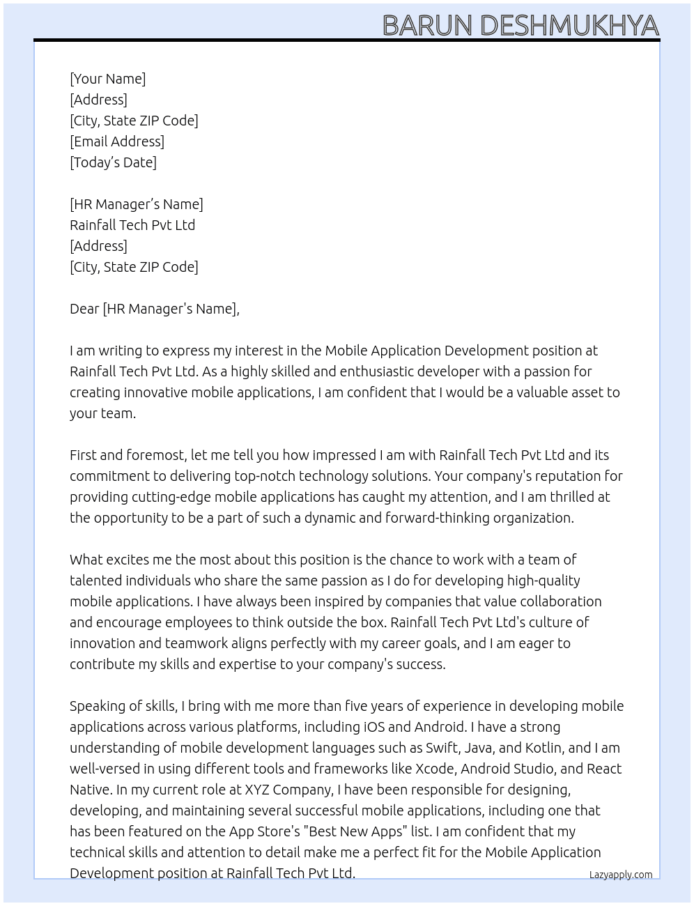 Mobile application development  At Rainfall Tech pvt ltd  Cover Letter