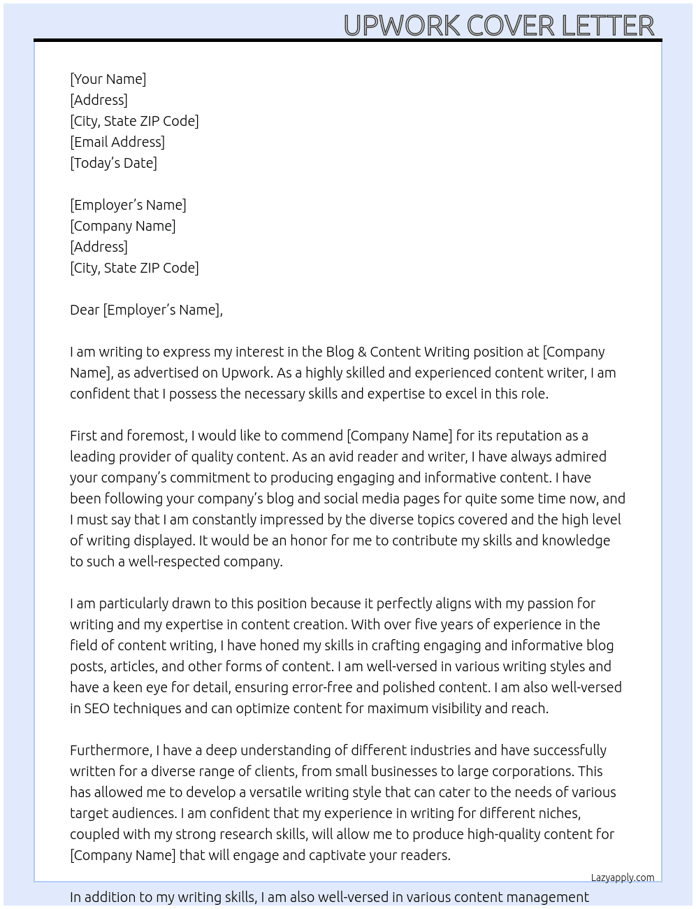 Blog & Content Writing At Upwork cover letter  Cover Letter