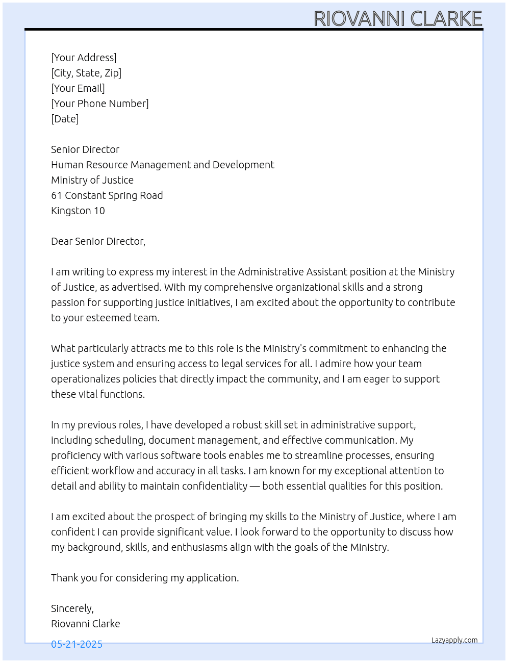 Administrative Assistant At Ministry of Justice  Cover Letter