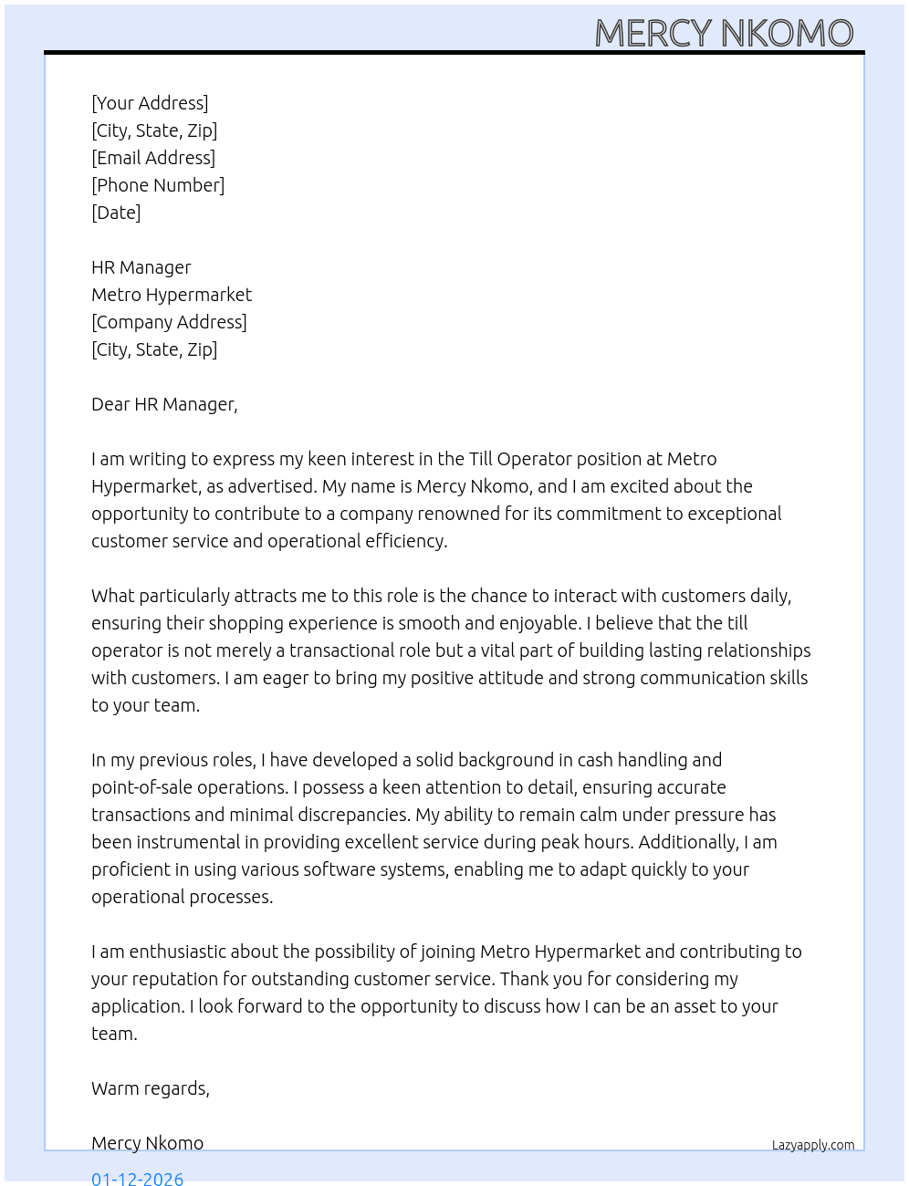 Till operator  At Metro Hypermarket  Cover Letter