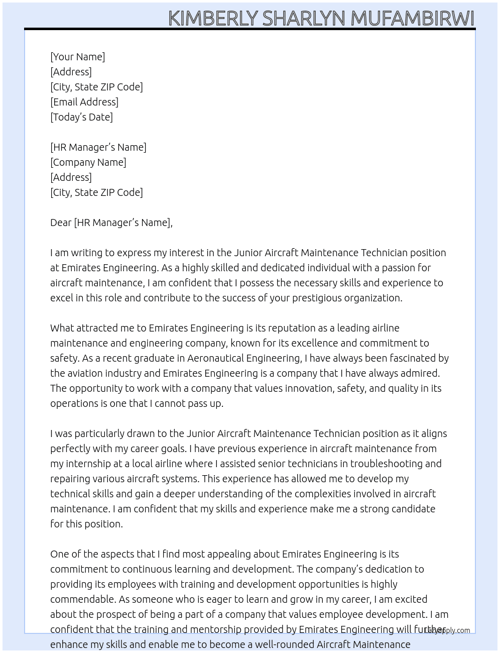 Junior Aircraft Maintenance Technician At Emirates Engineering Cover Letter