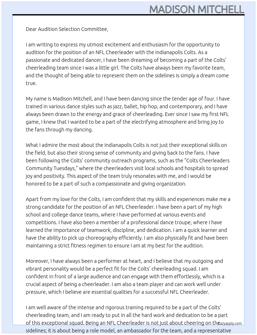 NFL Cheerleader At Indianapolis Colts Cover Letter