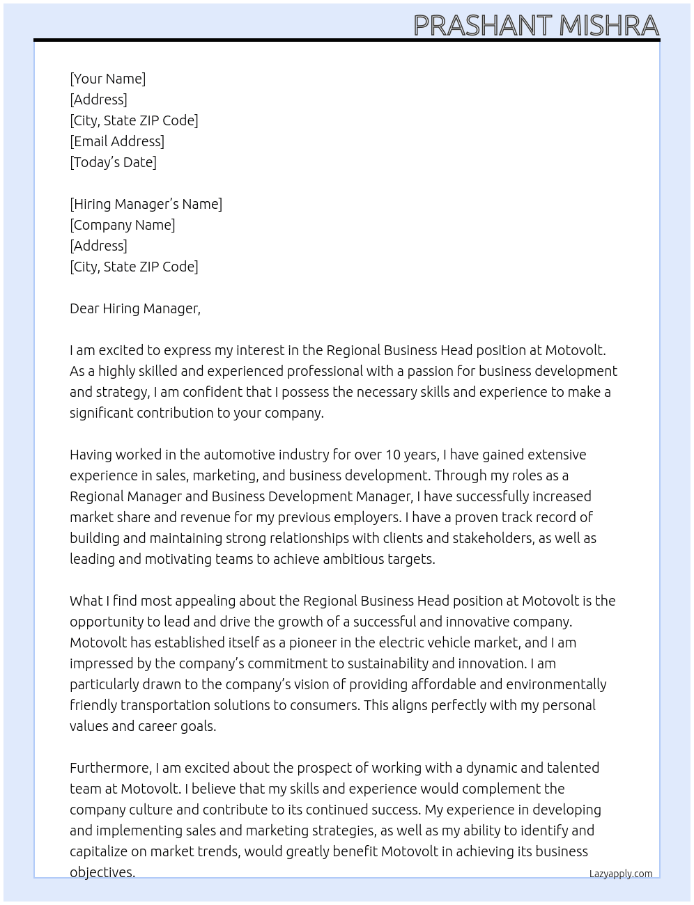 Regional Business Head At Motovolt  Cover Letter