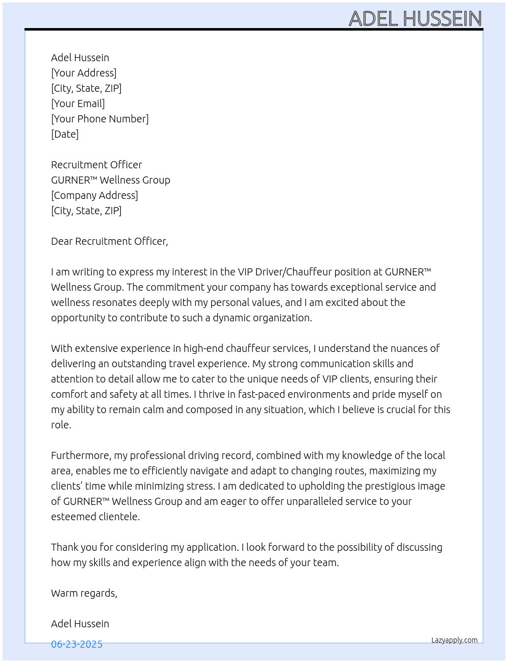 Cover letter for vip driver/ chauffeur - LazyApply