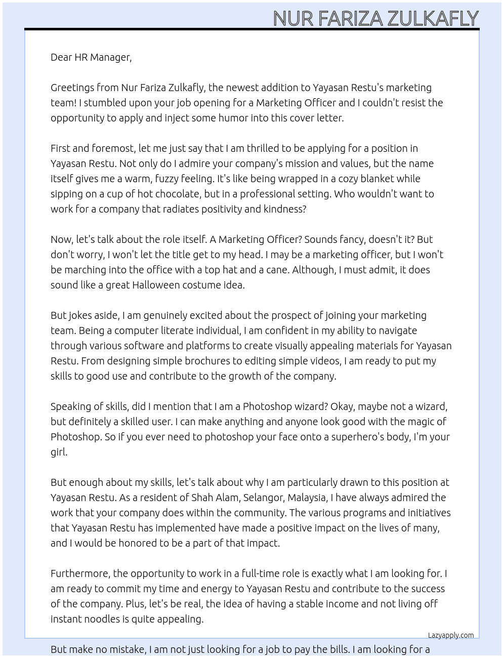 Marketing Officer At Yayasan Restu Cover Letter