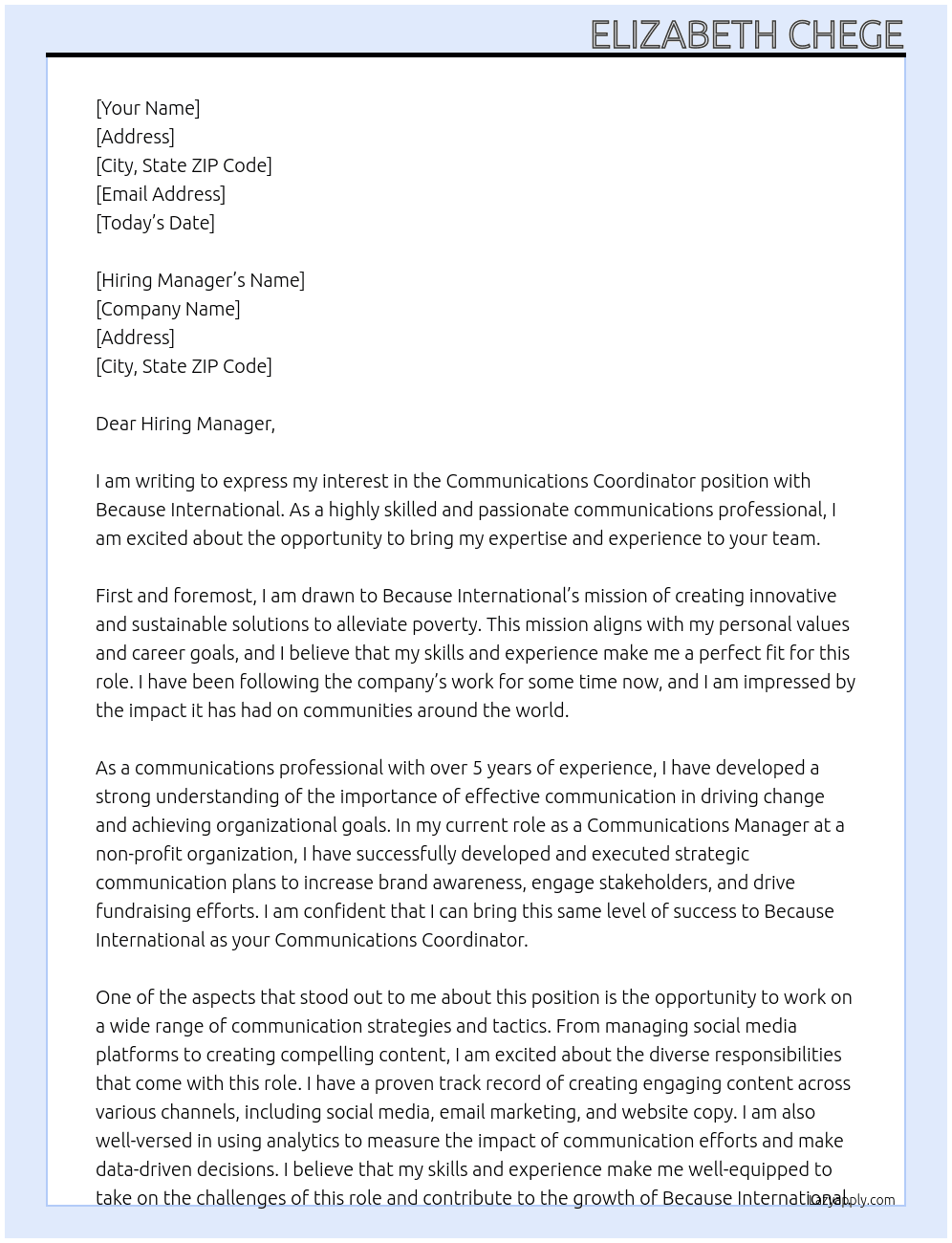 Communications Coordinator At Because International Cover Letter