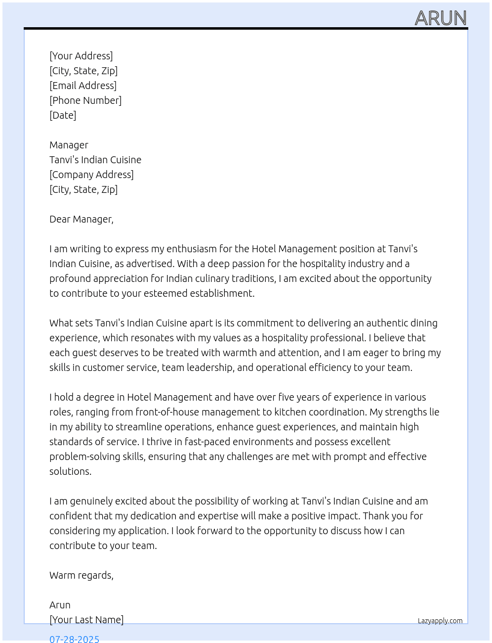 Hotel management  At Tanvi's Indian Cuisine Cover Letter
