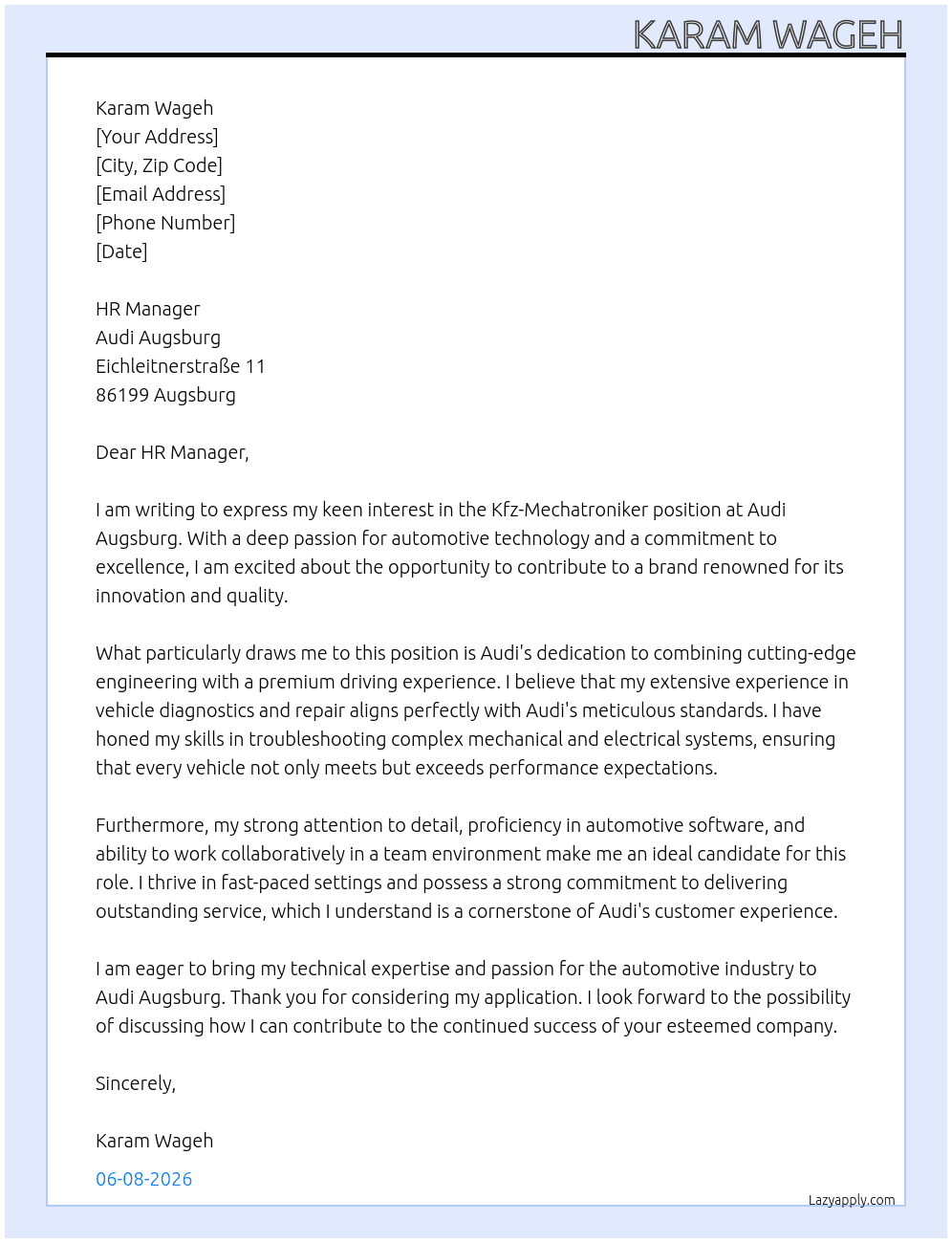 Cover letter for kfz-mechatroniker - LazyApply