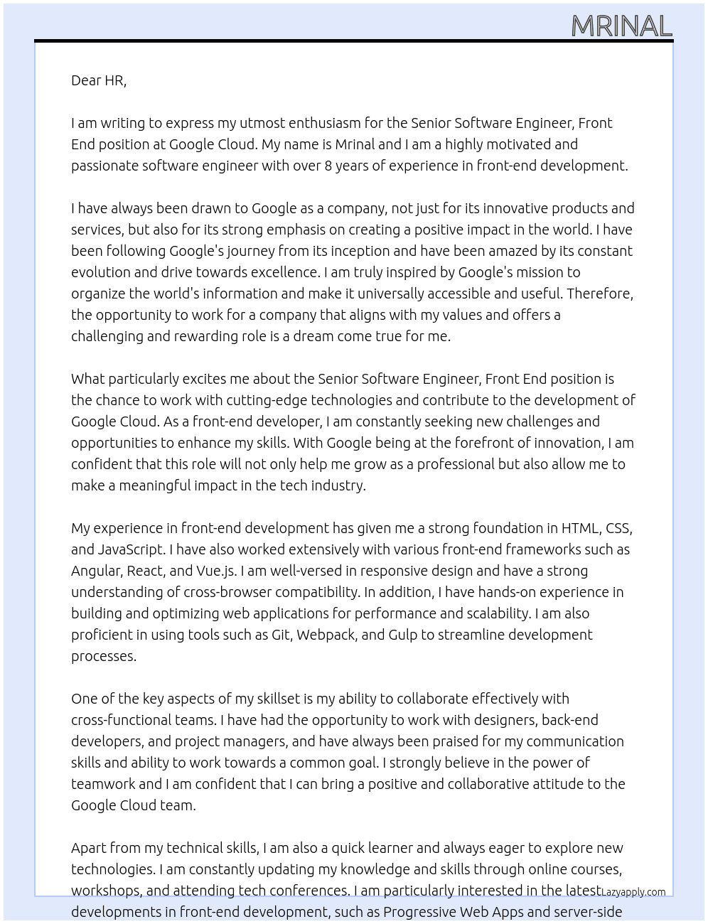 Cover letter for senior software engineer, front end, google cloud - LazyApply