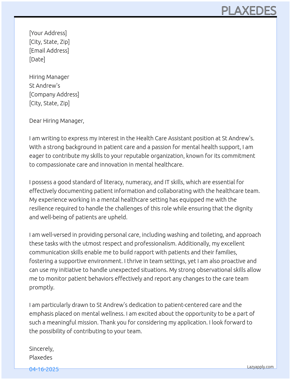 health care assistant At St Andrew's Cover Letter