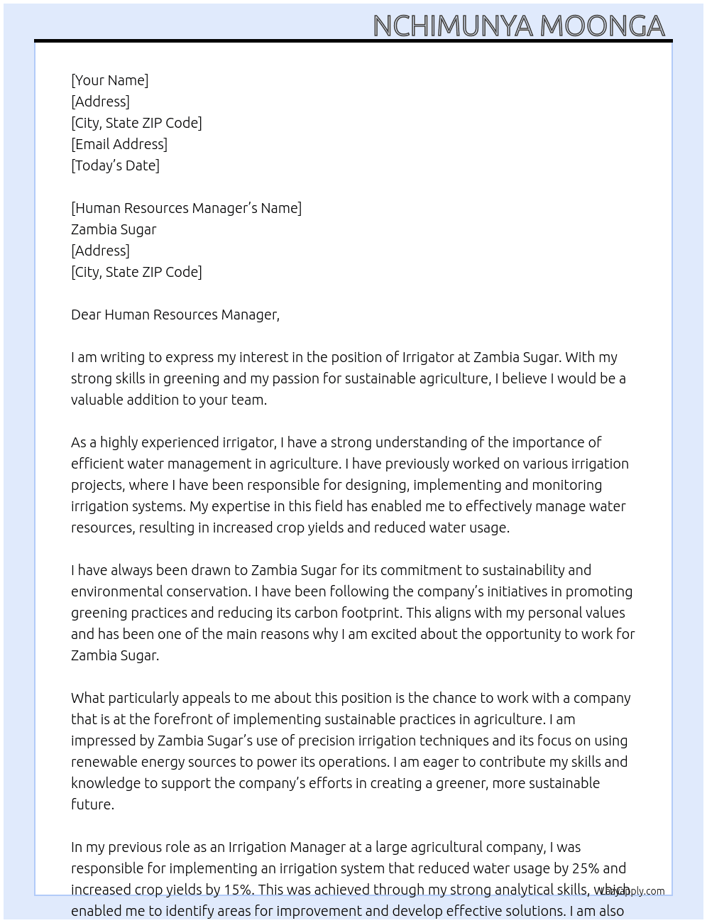 Irrigator  At Zambia sugar  Cover Letter