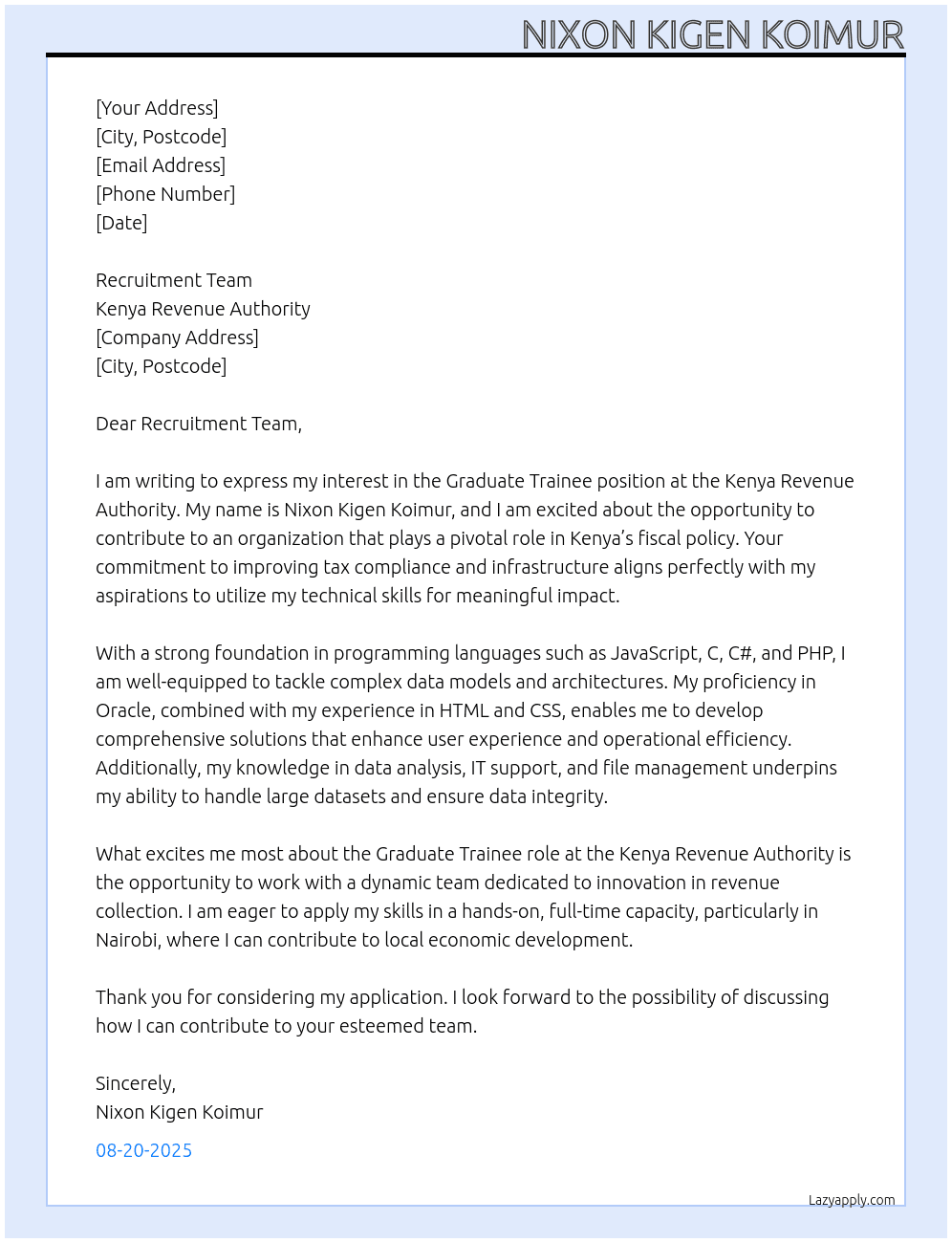 graduate trainee At kenya revenue authority Cover Letter