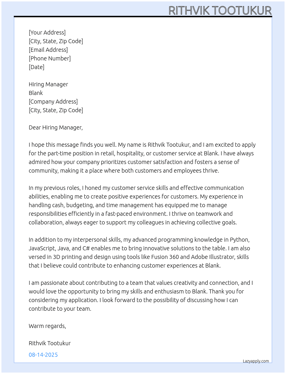 retail, hospitality, or customer service. At Blank Cover Letter