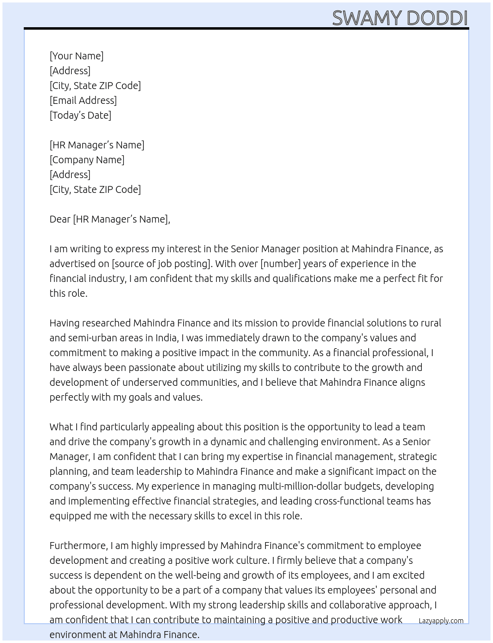 Senior Manager At Mahindra Finance Cover Letter