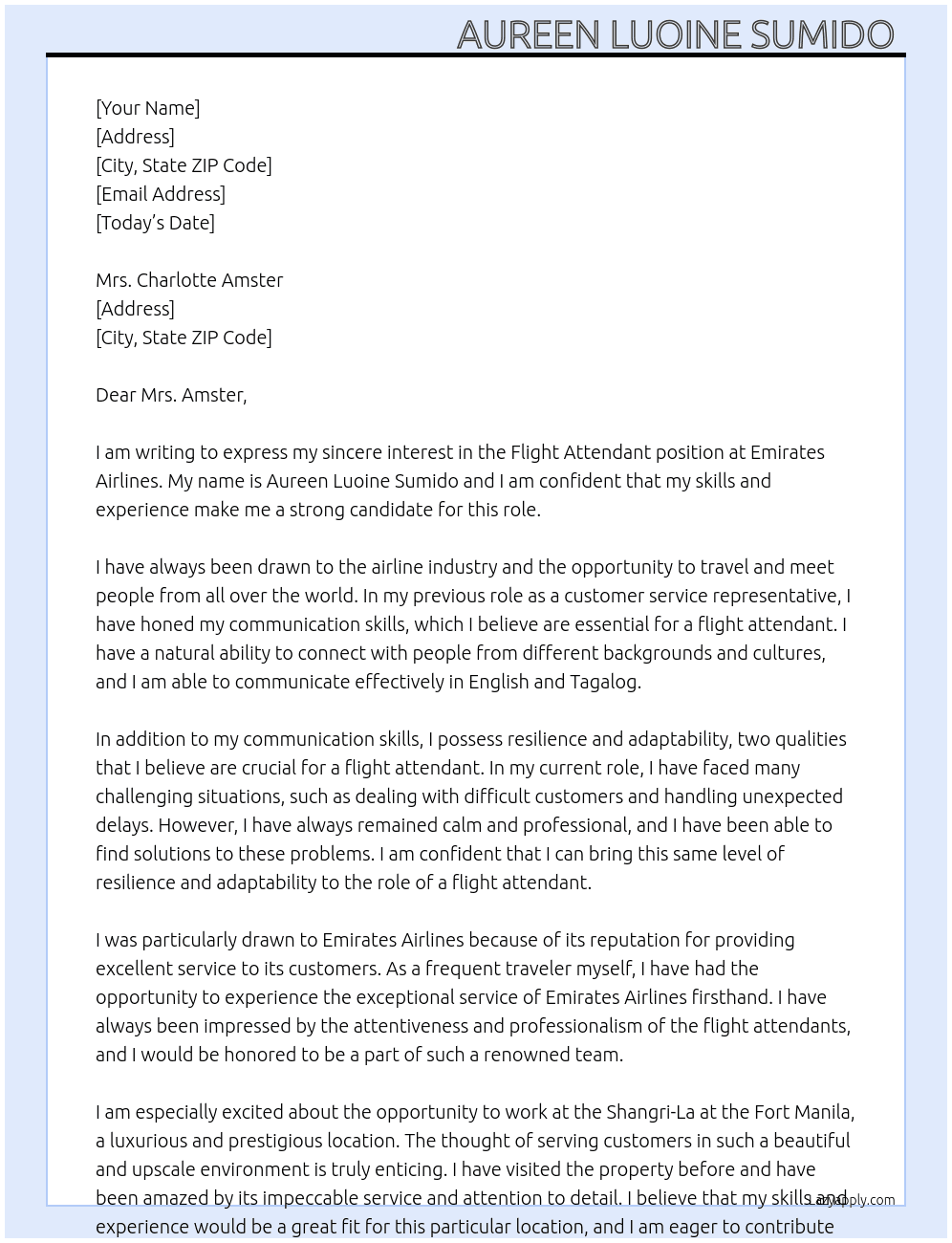 Flight attendant At Emirates Airlines Cover Letter
