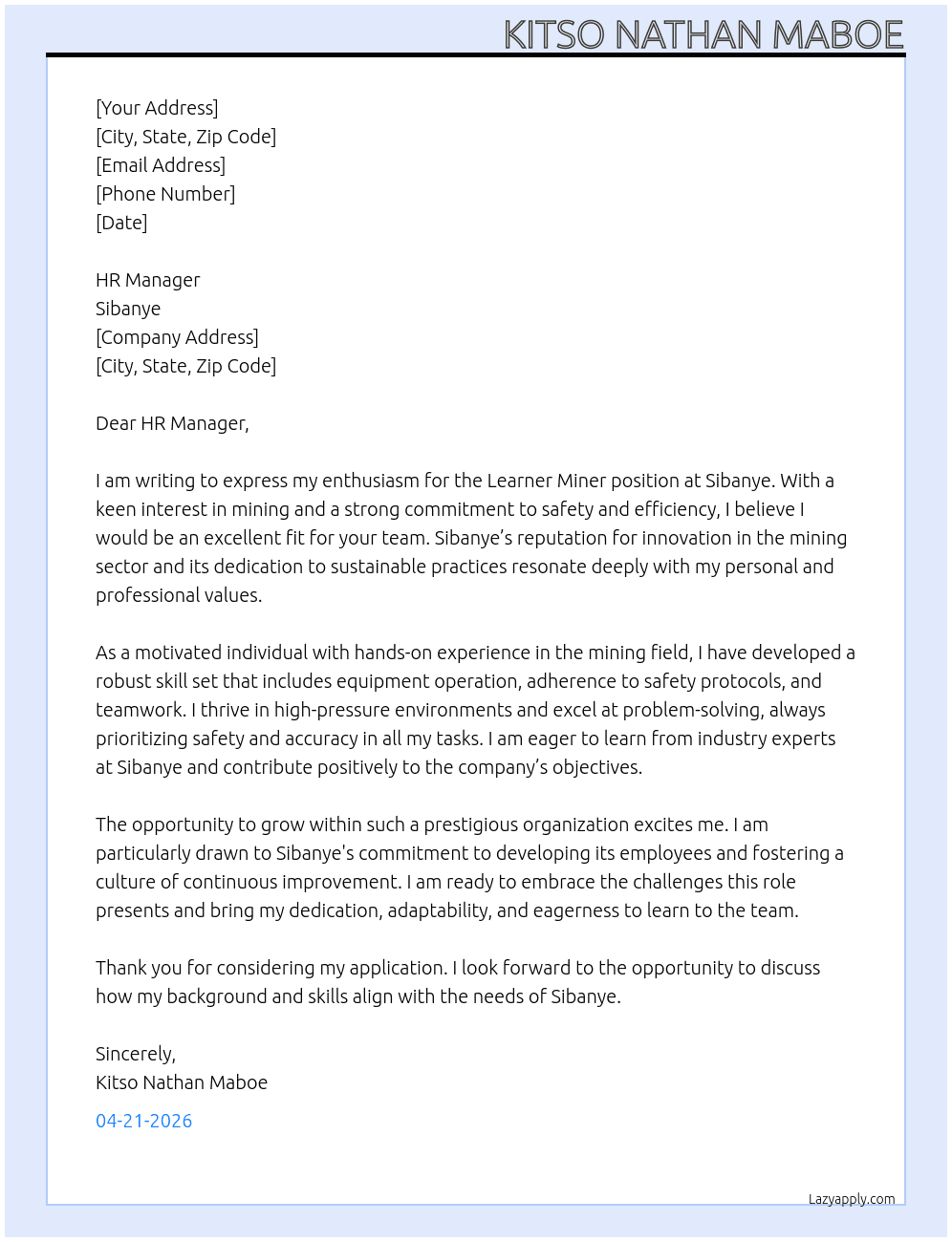 Learner miner At Sibanye  Cover Letter