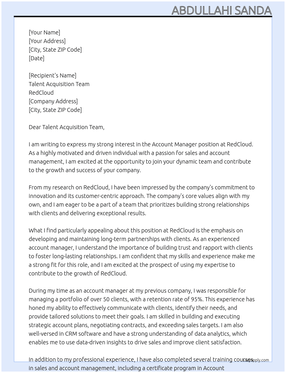 Account Manager At RedCloud Cover Letter