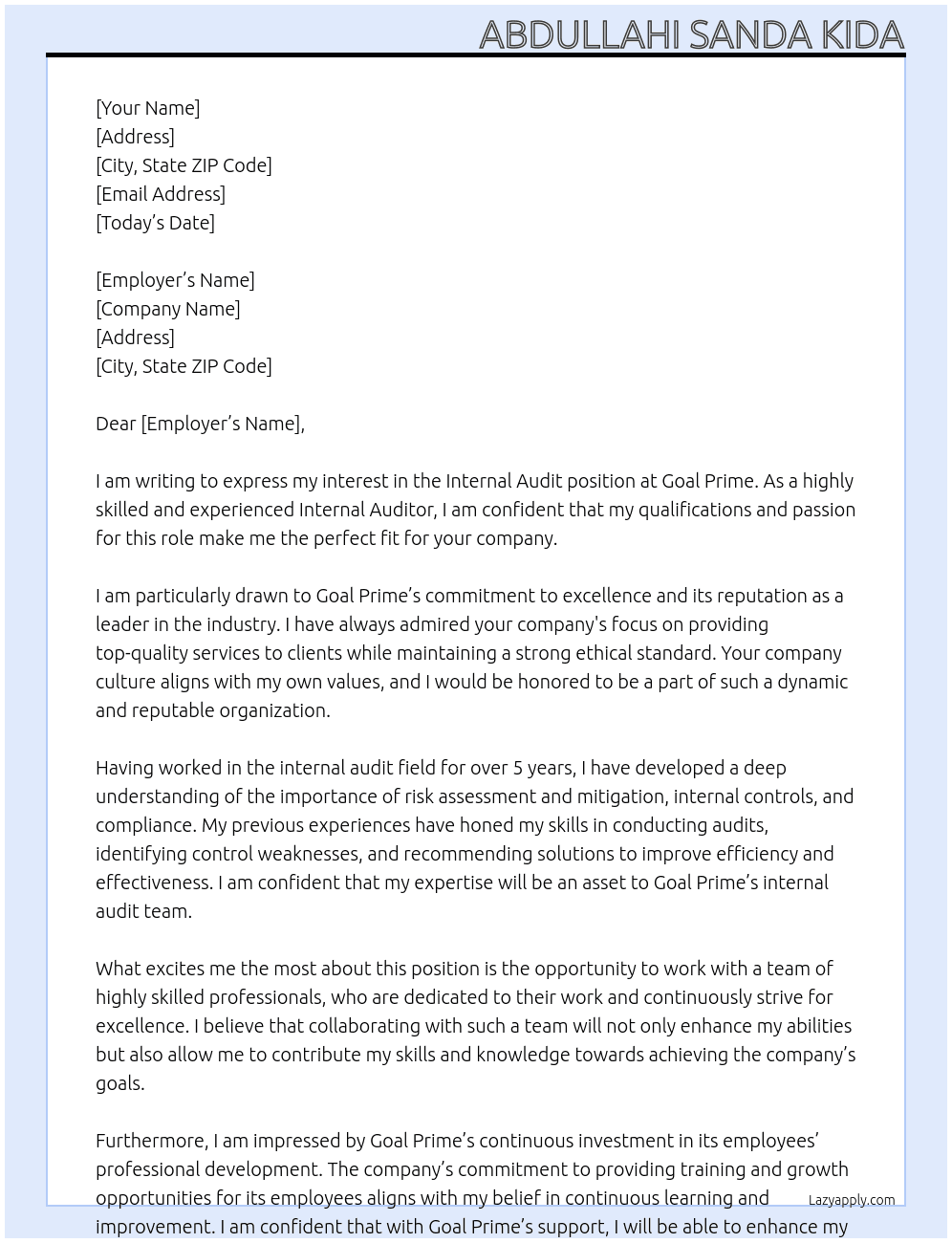 internal Audit At goal prime Cover Letter