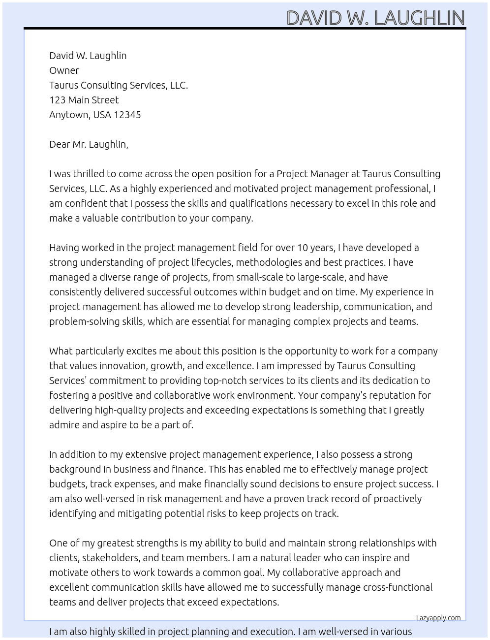 Project Management At Taurus Consulting Services, LLC. Cover Letter