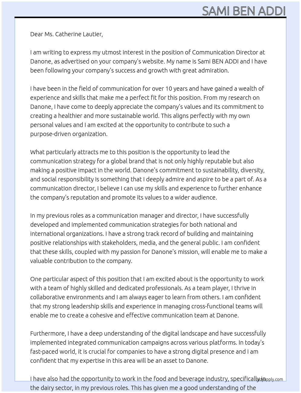 Communication director At Danone Cover Letter