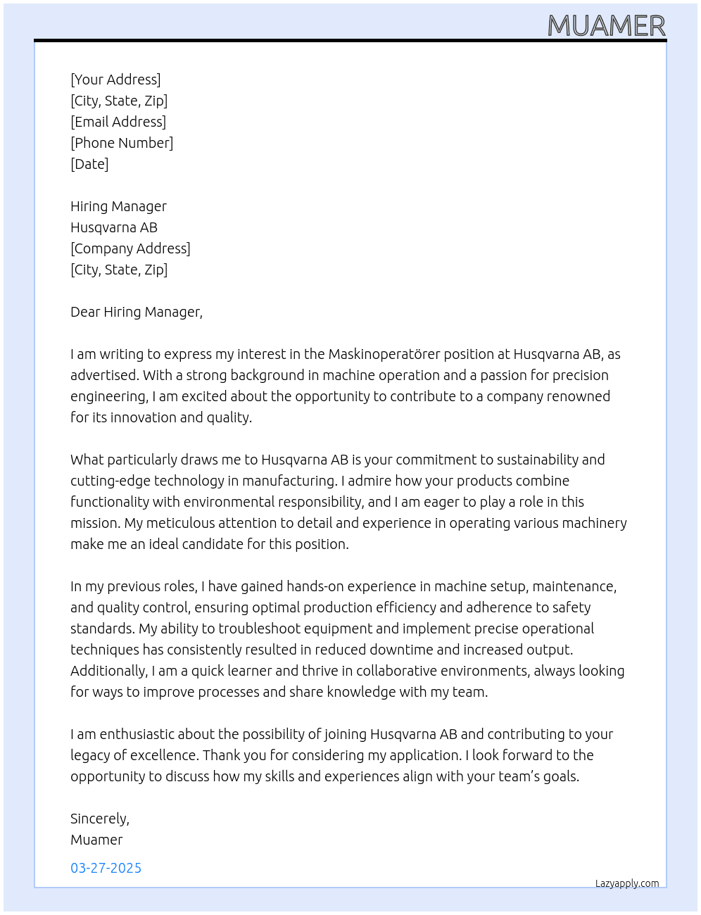Maskinoperatörer At Husqvarna AB Cover Letter