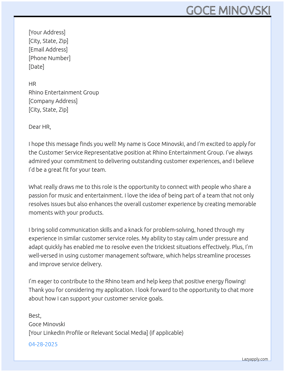 Customer service representative  At Rhino Entertainment Group Cover Letter