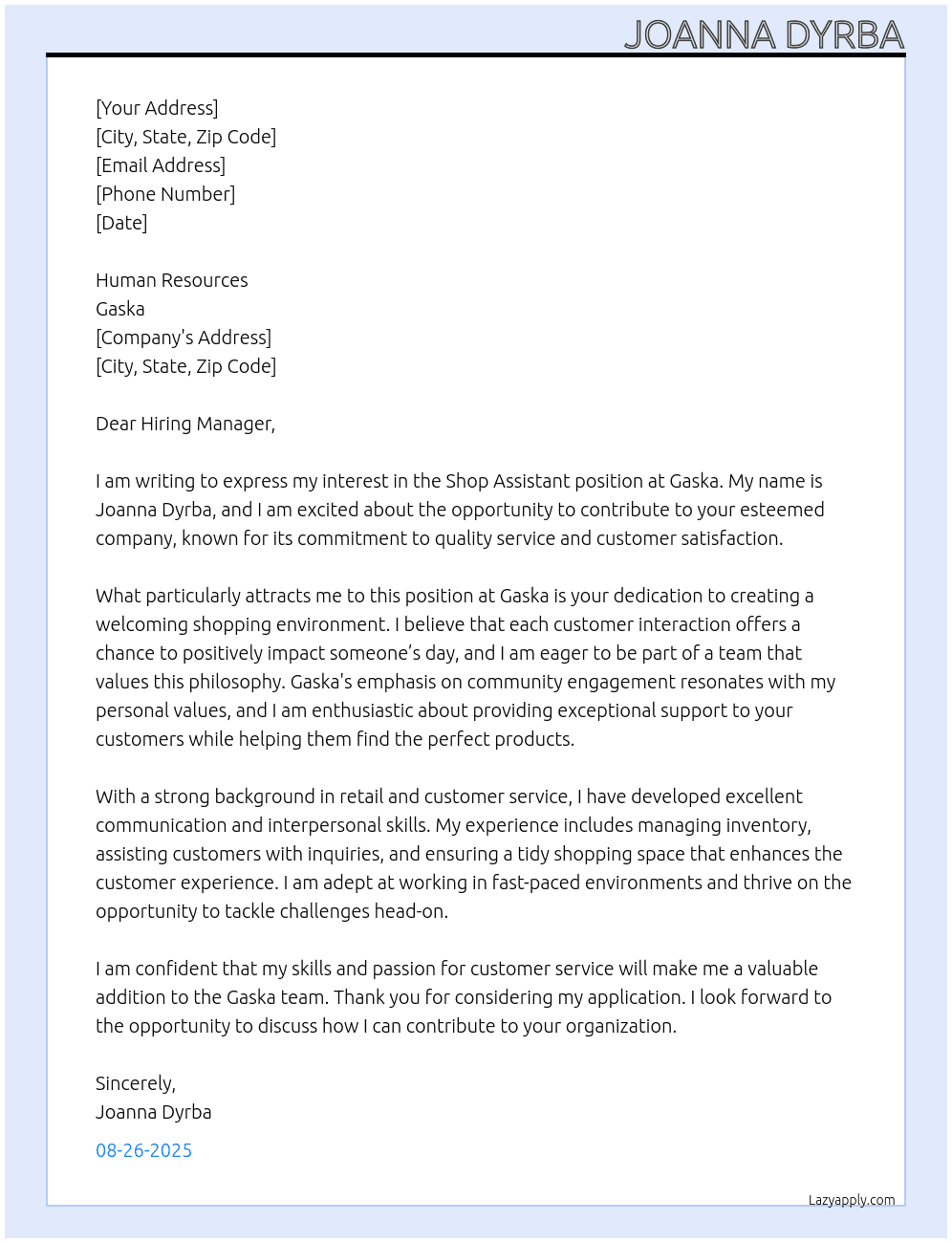 shop assistant At gaska Cover Letter