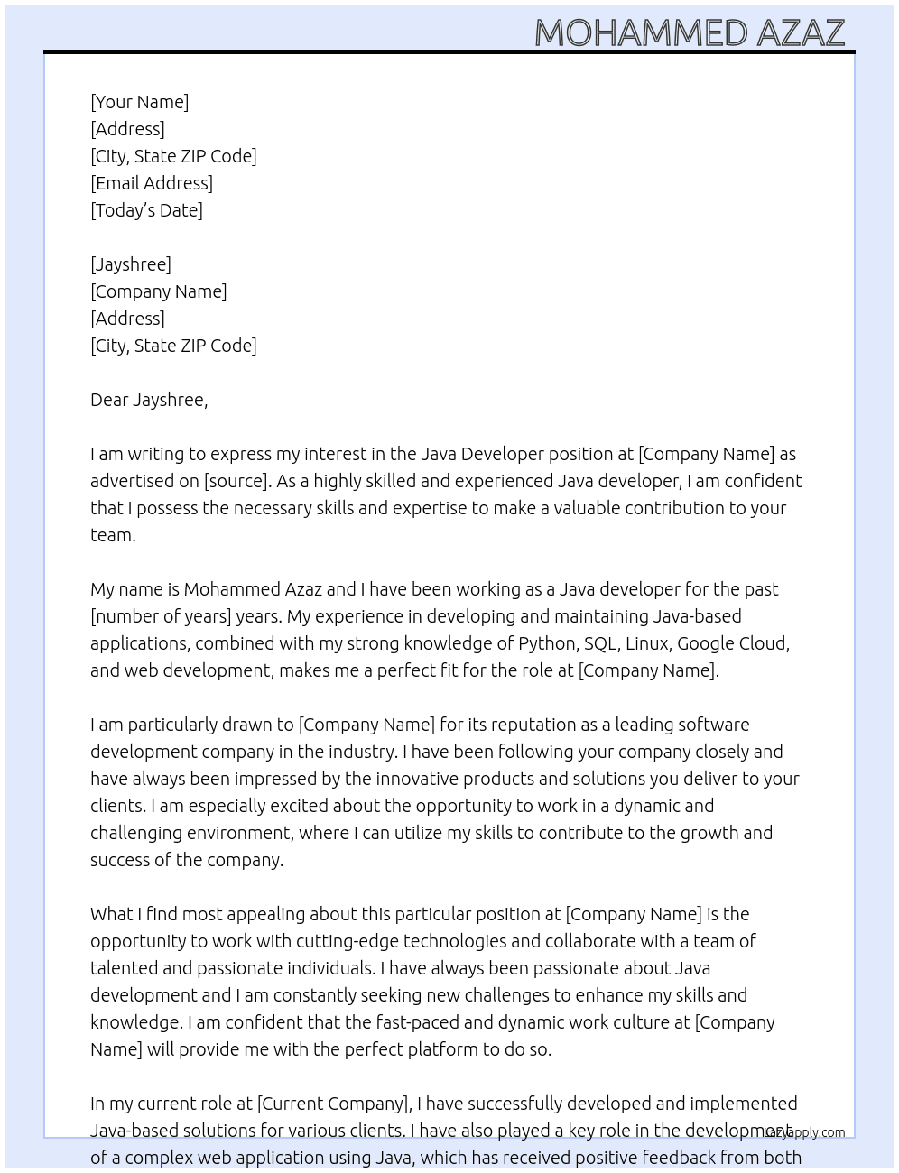 Java developer  At Company  Cover Letter
