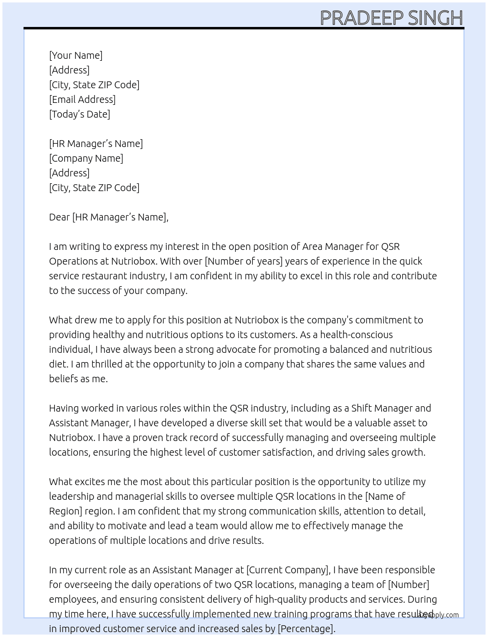 Area  Manager - QSR  Operation At Nutriobox Cover Letter