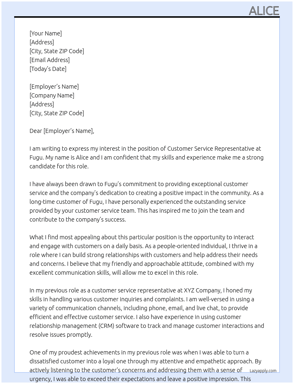 Customer service representative At Fugu Cover Letter