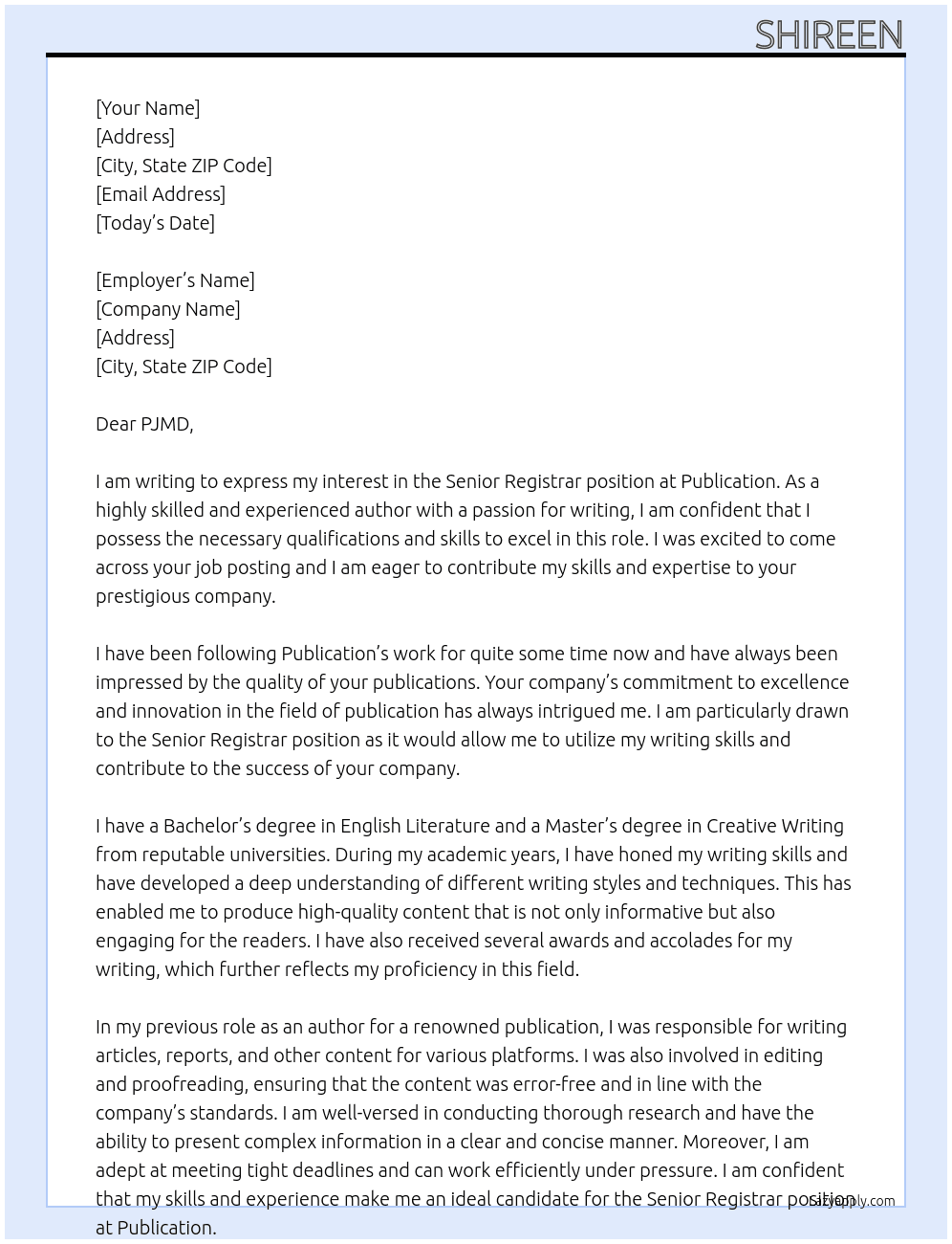 senior registrar At publication Cover Letter
