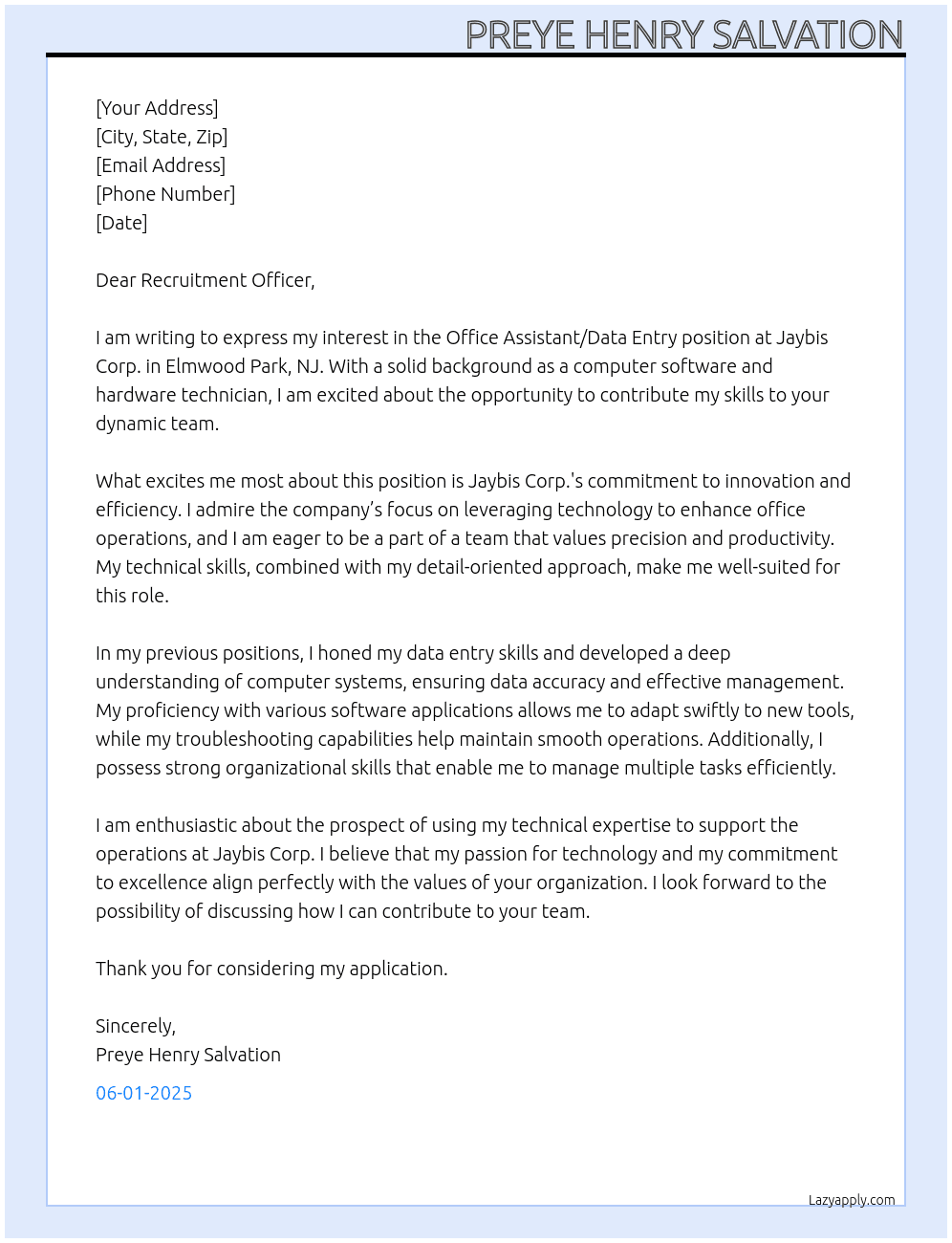 Cover letter for office assistant/data entry - LazyApply