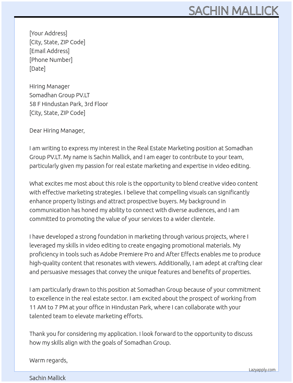 Real estate marketing At Somadhan group PV.LT Cover Letter