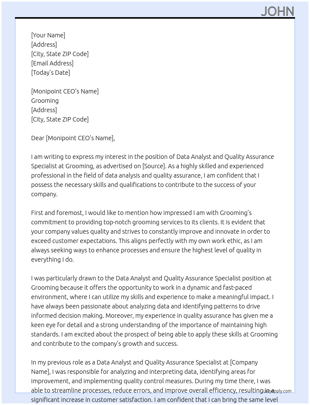data analyst and quality assurance specialise At Grooming Cover Letter