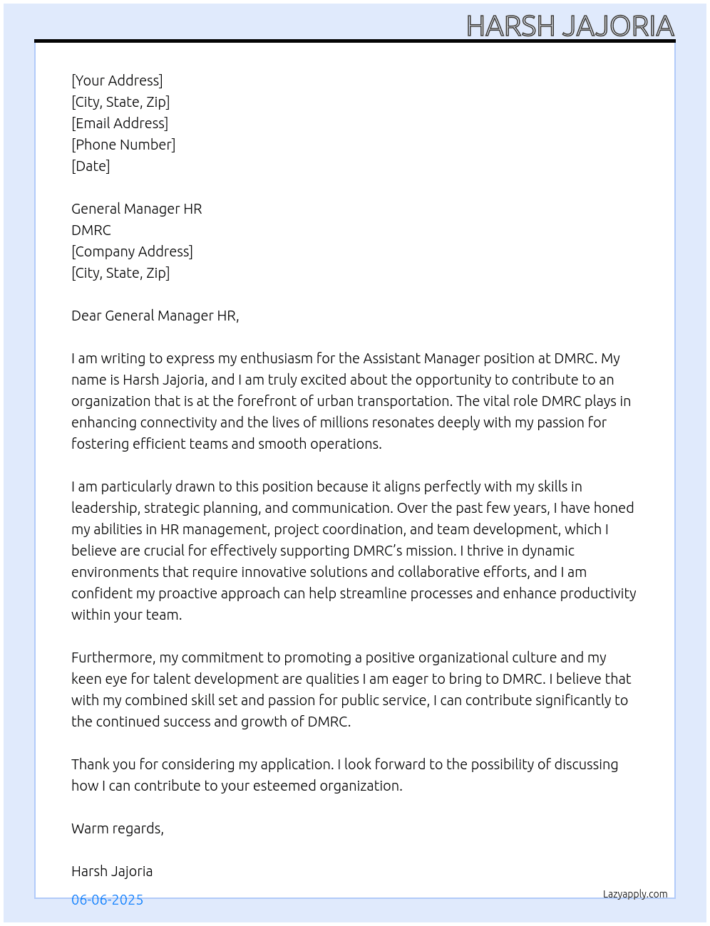 Asistant Manager  At DMRC  Cover Letter