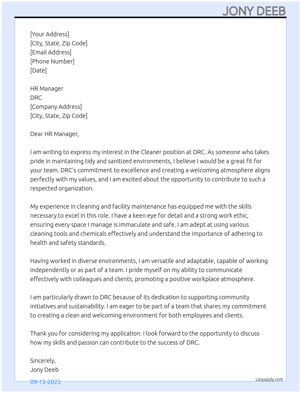 Cleaner  At DRC Cover Letter